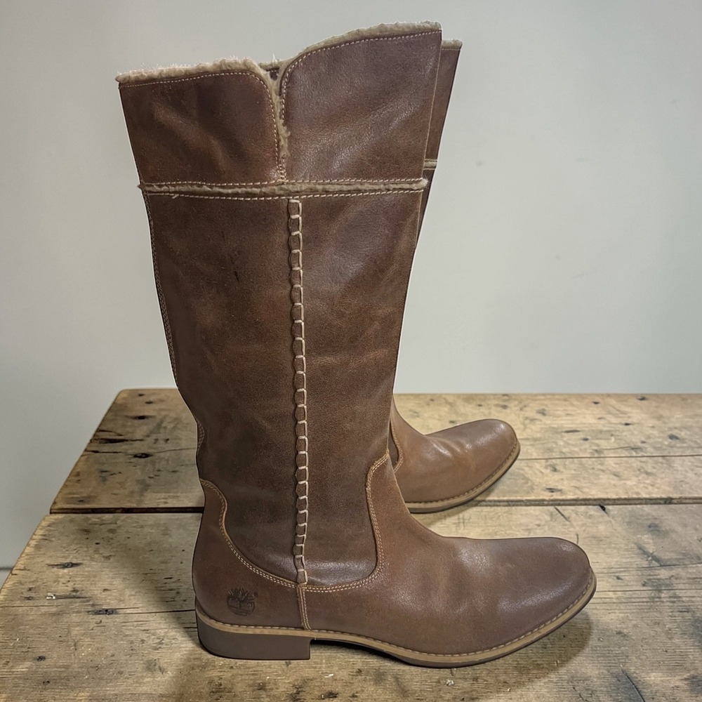 Timberland Brown Leather Tall Boots Faux Shearling Trim‎ Whipstitch Detail  11